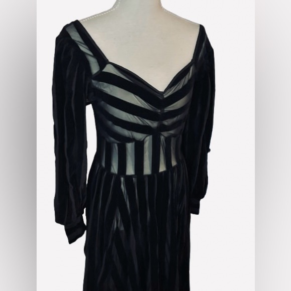 Foxblood Medium Velvet Velour Striped Sheer Gown Peasant Gothic Vintage Maxi - Picture 9 of 16